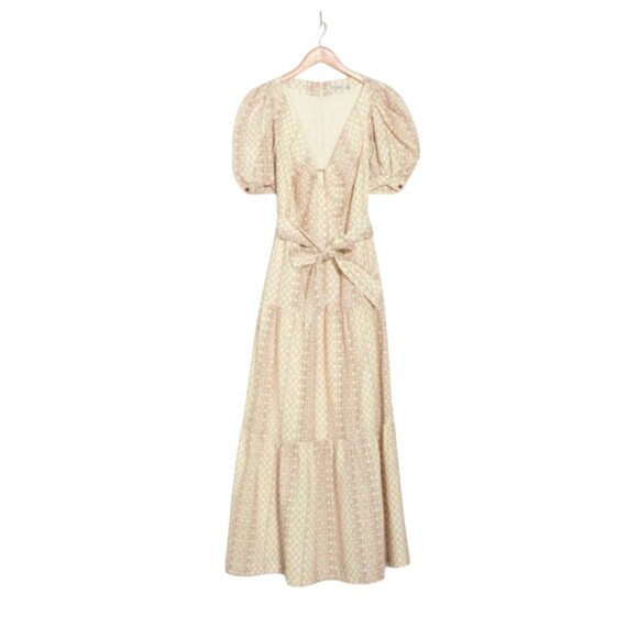 Mon Renn Basketweave Maxi Dress Womens XS Pink Short Puff Sleeve Scoop Neck Tier - Picture 1 of 11
